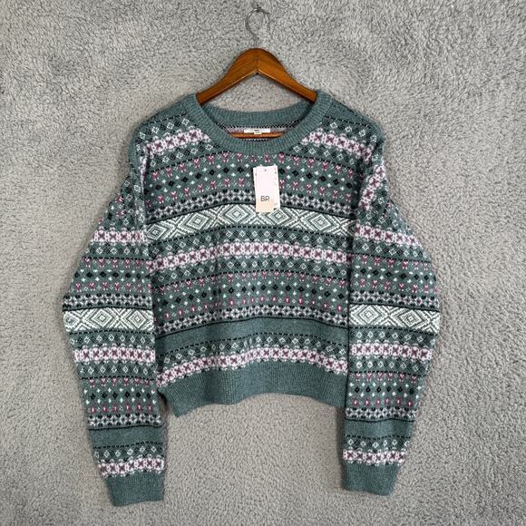 New BP. Nordstrom Fair Isle Geometric Print Crewneck Sweater Green Size Large - Picture 1 of 8